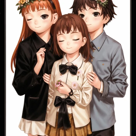 <lora:range_murata2:1>, murata renji, range murata,
2boys, 2girls, :d, ^ ^, ^o^, arm at side, bad tumblr id, balloon, bangs, black eyes, black hair, blazer, blue bow, blue bowtie, blush stickers, bob cut, bouquet, bow, bowtie, brown hair, brown jacket, brown ribbon, closed eyes, collared shirt, colorful, confetti, covered mouth, dot nose, dotted line, dress shirt, eyebrows, eyebrows visible through hair, facing viewer, flower, flower wreath, furrowed brow, hand up, hands up, happy, head wreath, heart balloon, height difference, highres, holding, holding balloon, holding bouquet, jacket, layered clothing, layered sleeves, long hair, long sleeves, looking at another, looking at viewer, looking away, looking to the side, multiple boys, multiple girls, neck ribbon, open clothes, open jacket, open mouth, open shirt, orange hair, pale color, parted bangs, plaid, plaid shirt, red flower, ribbon, shirt, short over long sleeves, short sleeves, sleeve cuffs, sleeves folded up, smile, standing, straight-on, striped, striped shirt, swept bangs, tareme, upper body, vertical-striped shirt, vertical stripes, wavy hair, white background, wing collar, yellow flower
