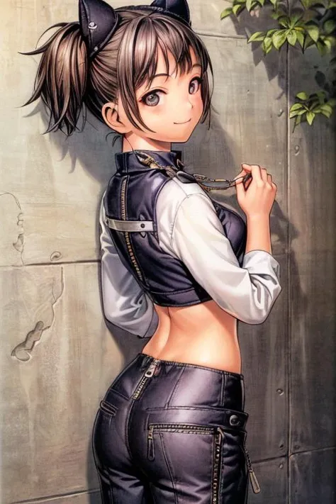 (masterpiece, best quality, highres, absurdres, ultra-detailed, comic:1.2), <lora:range_murata_v1:0.7>(range murata, 1girl, solo, asymmetrical bangs, amber hair, medium breasts, smile), (stylish shirt, pants with multiple zippers, back to wall, urban city:1.4), <lora:add_detail_v1:0.85>