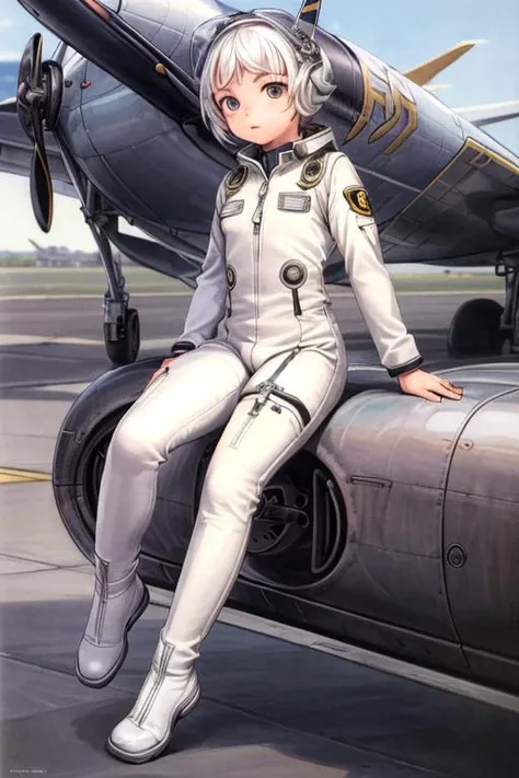 (masterpiece, best quality, highres, absurdres, ultra-detailed, comic:1.2), <lora:range_murata_v1:0.7>(range murata, 1girl, solo, asymmetrical bangs, white hair), (full body, flightsuit, airplane, pilot:1.4), <lora:add_detail_v1:0.85>