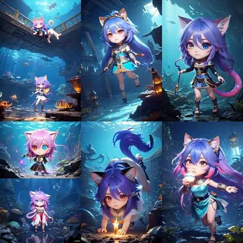 (chibi:1.4), (otherworldly, otherworldly atmosphere, otherworldly appearance), highly insanely detailed, masterpiece, top quality, best quality, highres, 4k, 8k, RAW photo, 
((ancient egyptian theme:1.2)), Hong Kong structure, building, structure, taiwan, korean, 
swirling energy, 
tentacle, 
(underwater), 
reflection, reflective floor, 
abandoned building, overgrown with vegetation, [volumetric fog], cinematic lighting, colorful, colourful, 
(long_hair, long hair, random colors hair, glowing hair, hair over one eye, long messy hair), 
(eyelashes, eyeliner, eyeshadow, eyelashes, long eyelashes), 
collar, earrings, jewelry, necklace, armlet, 
high-heels, 
nsfw, 
cleavage, perfect female body, makeup, 
action pose, 
drunk, biting, 
dawn, 
1girl, chibi, child, cat_ears, cat_tail, arona \(blue archive\), cute, 
<lora:SoCute_v2.0:0.8>, (fantasy world)