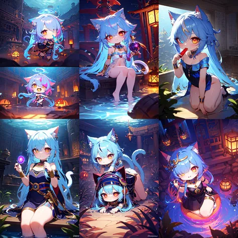 (chibi:1.4), (otherworldly, otherworldly atmosphere, otherworldly appearance), highly insanely detailed, masterpiece, top quality, best quality, highres, 4k, 8k, RAW photo, 
((ancient egyptian theme:1.2)), Hong Kong structure, building, structure, taiwan, korean, 
swirling energy, 
tentacle, 
(underwater), 
reflection, reflective floor, 
abandoned building, overgrown with vegetation, [volumetric fog], cinematic lighting, colorful, colourful, 
(long_hair, long hair, random colors hair, glowing hair, hair over one eye, long messy hair), 
(eyelashes, eyeliner, eyeshadow, eyelashes, long eyelashes), 
collar, earrings, jewelry, necklace, armlet, 
high-heels, 
nsfw, 
cleavage, perfect female body, makeup, 
action pose, 
drunk, biting, 
dawn, 
1girl, chibi, , cat_ears, cat_tail, arona \(blue archive\), cute, 
<lora:SoCute_v2.0:0.8>, (fantasy world)
