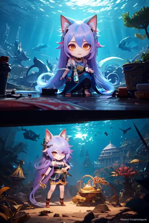 (chibi:1.4), (otherworldly, otherworldly atmosphere, otherworldly appearance), highly insanely detailed, masterpiece, top quality, best quality, highres, 4k, 8k, RAW photo,  
((ancient egyptian theme:1.2)), Hong Kong structure, building, structure, taiwan, korean, 
swirling energy, 
tentacle, 
(underwater), 
reflection, reflective floor, 
abandoned building, overgrown with vegetation, [volumetric fog], cinematic lighting, colorful, colourful, 
(long_hair, long hair, random colors hair, glowing hair, hair over one eye, long messy hair), 
(eyelashes, eyeliner, eyeshadow, eyelashes, long eyelashes), 
collar, earrings, jewelry, necklace, armlet, 
high-heels, 
nsfw, 
cleavage, perfect female body, makeup, 
action pose, 
drunk, biting, 
dawn, 
1girl, chibi, child, cat_ears, cat_tail, arona \(blue archive\), cute, 
<lora:SoCute_v2.0:0.8>, (fantasy world)