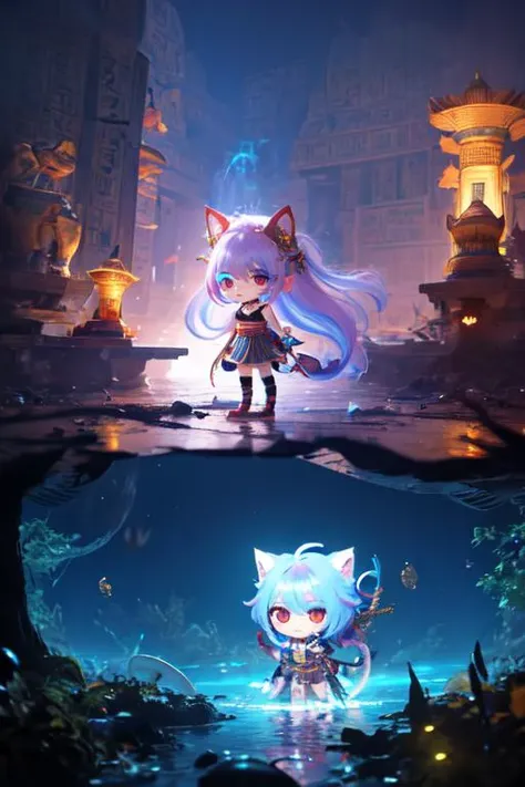 (chibi:1.4), (otherworldly, otherworldly atmosphere, otherworldly appearance), highly insanely detailed, masterpiece, top quality, best quality, highres, 4k, 8k, RAW photo,  
((ancient egyptian theme:1.2)), Hong Kong structure, building, structure, taiwan, korean, 
swirling energy, 
tentacle, 
(underwater), 
reflection, reflective floor, 
abandoned building, overgrown with vegetation, [volumetric fog], cinematic lighting, colorful, colourful, 
(long_hair, long hair, random colors hair, glowing hair, hair over one eye, long messy hair), 
(eyelashes, eyeliner, eyeshadow, eyelashes, long eyelashes), 
collar, earrings, jewelry, necklace, armlet, 
high-heels, 
nsfw, 
cleavage, perfect female body, makeup, 
action pose, 
drunk, biting, 
dawn, 
1girl, chibi, child, cat_ears, cat_tail, arona \(blue archive\), cute, 
<lora:SoCute_v2.0:0.8>, (fantasy world)