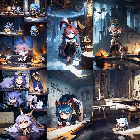 (chibi:1.4), (otherworldly, otherworldly atmosphere, otherworldly appearance), highly insanely detailed, masterpiece, top quality, best quality, highres, 4k, 8k, RAW photo, 
((ancient egyptian theme:1.2)), Hong Kong structure, building, structure, taiwan, korean, 
swirling energy, 
tentacle, 
(underwater), 
reflection, reflective floor, 
abandoned building, overgrown with vegetation, [volumetric fog], cinematic lighting, colorful, colourful, 
(long_hair, long hair, random colors hair, glowing hair, hair over one eye, long messy hair), 
(eyelashes, eyeliner, eyeshadow, eyelashes, long eyelashes), 
collar, earrings, jewelry, necklace, armlet, 
high-heels, 
nsfw, 
cleavage, perfect female body, makeup, 
action pose, 
drunk, biting, 
dawn, 
1girl, chibi, , cat_ears, cat_tail, arona \(blue archive\), cute, 
<lora:SoCute_v2.0:0.8>, (fantasy world)