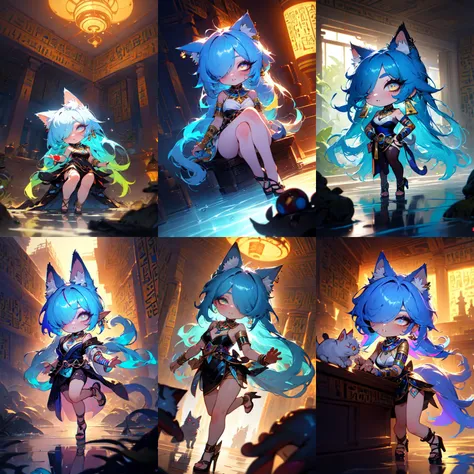 (chibi:1.4), (otherworldly, otherworldly atmosphere, otherworldly appearance), highly insanely detailed, masterpiece, top quality, best quality, highres, 4k, 8k, RAW photo, 
((ancient egyptian theme:1.2)), Hong Kong structure, building, structure, taiwan, korean, 
swirling energy, 
tentacle, 
(underwater), 
reflection, reflective floor, 
abandoned building, overgrown with vegetation, [volumetric fog], cinematic lighting, colorful, colourful, 
(long_hair, long hair, random colors hair, glowing hair, hair over one eye, long messy hair), 
(eyelashes, eyeliner, eyeshadow, eyelashes, long eyelashes), 
collar, earrings, jewelry, necklace, armlet, 
high-heels, 
nsfw, 
cleavage, perfect female body, makeup, 
action pose, 
drunk, biting, 
dawn, 
1girl, chibi, , cat_ears, cat_tail, arona \(blue archive\), cute, 
<lora:SoCute_v2.0:0.8>, (fantasy world)
