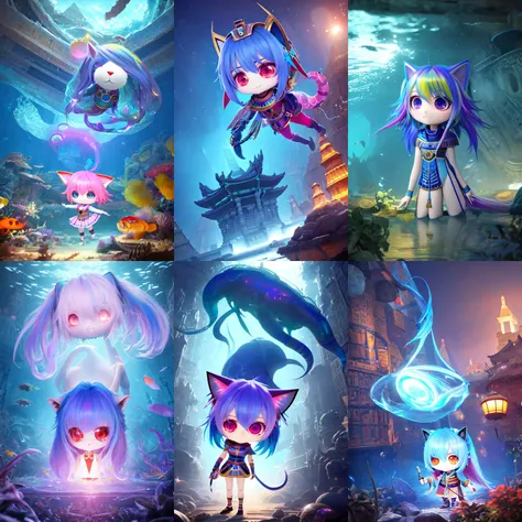 (chibi:1.4), (otherworldly, otherworldly atmosphere, otherworldly appearance), highly insanely detailed, masterpiece, top quality, best quality, highres, 4k, 8k, RAW photo, 
((ancient egyptian theme:1.2)), Hong Kong structure, building, structure, taiwan, korean, 
swirling energy, 
tentacle, 
(underwater), 
reflection, reflective floor, 
abandoned building, overgrown with vegetation, [volumetric fog], cinematic lighting, colorful, colourful, 
(long_hair, long hair, random colors hair, glowing hair, hair over one eye, long messy hair), 
(eyelashes, eyeliner, eyeshadow, eyelashes, long eyelashes), 
collar, earrings, jewelry, necklace, armlet, 
high-heels, 
nsfw, 
cleavage, perfect female body, makeup, 
action pose, 
drunk, biting, 
dawn, 
1girl, chibi, child, cat_ears, cat_tail, arona \(blue archive\), cute, 
<lora:SoCute_v2.0:0.8>, (fantasy world)