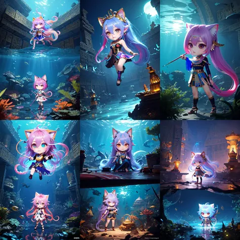 (chibi:1.4), (otherworldly, otherworldly atmosphere, otherworldly appearance), highly insanely detailed, masterpiece, top quality, best quality, highres, 4k, 8k, RAW photo, 
((ancient egyptian theme:1.2)), Hong Kong structure, building, structure, taiwan, korean, 
swirling energy, 
tentacle, 
(underwater), 
reflection, reflective floor, 
abandoned building, overgrown with vegetation, [volumetric fog], cinematic lighting, colorful, colourful, 
(long_hair, long hair, random colors hair, glowing hair, hair over one eye, long messy hair), 
(eyelashes, eyeliner, eyeshadow, eyelashes, long eyelashes), 
collar, earrings, jewelry, necklace, armlet, 
high-heels, 
nsfw, 
cleavage, perfect female body, makeup, 
action pose, 
drunk, biting, 
dawn, 
1girl, chibi, , cat_ears, cat_tail, arona \(blue archive\), cute, 
<lora:SoCute_v2.0:0.8>, (fantasy world)