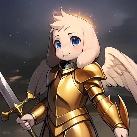 masterpiece, best quality, ultra-detailed, <lora:asriel-30:0.9> kid, gold armor, angel knight, angel wings, divine long sword, night sky