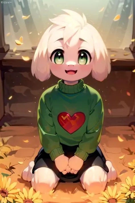 1boy <lora:asriel-30:1>, ???, sit, heart, flowers, green eyes, t-shirt, happy