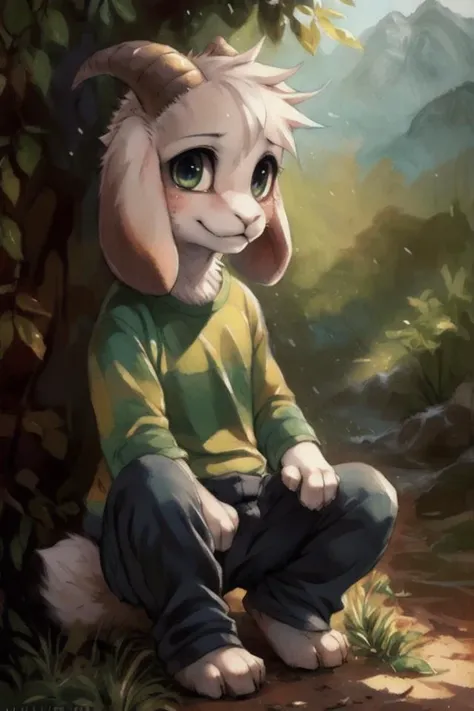 solo, 1boy, goat ears, masterpiece, high detail, <lora:asriel:0.9>, kid, green t-shirt, pants, (realistic, photography \(artwork\) :1.3), hires, by fumiko, by matsuura, by kenket, by dagasi, by niichan, [by badwingm], (by silverfox5213:0.9), fluffy