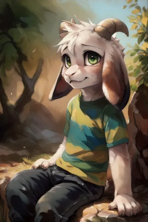 solo, 1boy, goat ears, masterpiece, high detail, <lora:asriel:0.9>, kid, green t-shirt, pants, (realistic, photography \(artwork\) :1.3), hires, by fumiko, by matsuura, by kenket, by dagasi, by niichan, [by badwingm], (by silverfox5213:0.9), fluffy