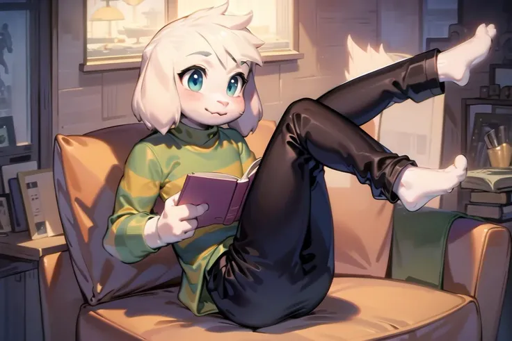 1boy, <lora:asriel-30:0.8>, ???, green t-shirt, pants, lay, reading book, legs up