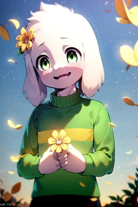 1boy, <lora:asriel-30:1>, kid, green eyes, pants, green t-shirt, flower, sky