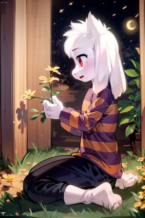 1boy <lora:asriel-30:1>, solo, kid, sit, night, side, stars, flowers, red eyes, t-shirt, pants