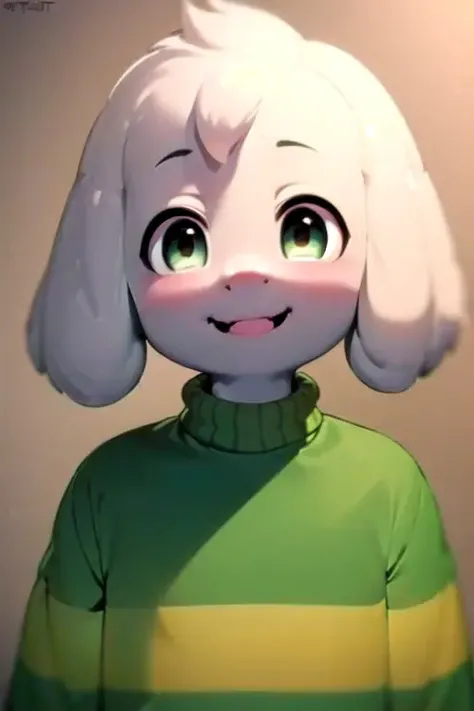 <lora:asriel-30:1>, kid, portrait, smile, green t-shirt