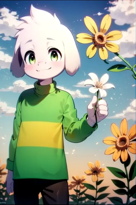 1boy, <lora:asriel-30:1>, kid, green eyes, pants, green t-shirt, flower, sky, happy, closed mouth