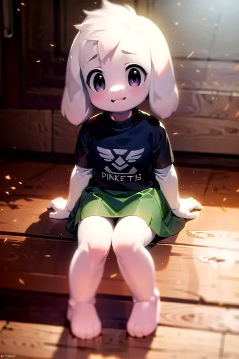 1girl <lora:asriel-30:1>, ???, skirt, t-shirt