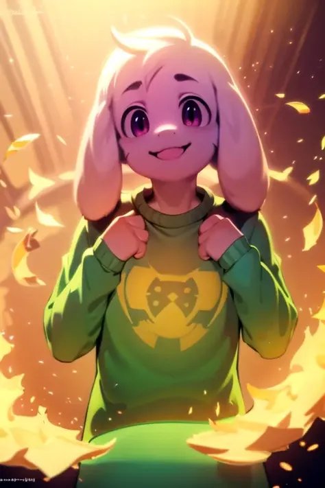 <lora:asriel-30:1>, god of hyperdeath, smile, green t-shirt
