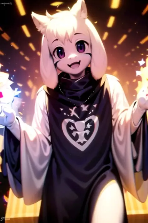 <lora:asriel-30:1>, god of hyperdeath, smile, black clothes
