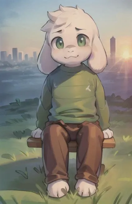 1boy, <lora:asriel-30:0.3>, <lora:asriel-20:0.3>, <lora:storyshiftAsriel_10:0.3>, ???, goat, child, sunrise, city, ((((sit, looking on sky)))), (((green t-shirt, brown pants))), (best quality, ultra-detailed, best illustration, best shadow, masterpiece, high res, professional artwork, famous artwork), realistic paint, insane detailed green shine eyes, (((white fur)))