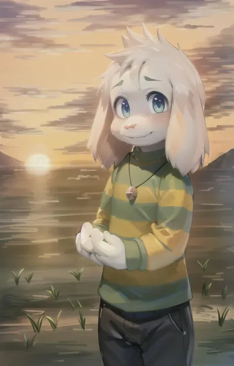 <lora:asriel-30:1>, (), green t-shirt, pants, looking forward, insane detailed realistic photo, grass, sunrise, ((white fur)), insane detailed, high quality, masterpiece, shaded