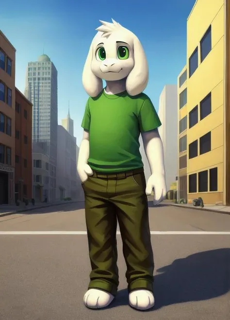 1boy,(( <lora:asriel-30:0.3>, <lora:asriel-20:0.2>, <lora:storyshiftAsriel_10:0.2>)), green t-shirt in yellow stripes, pants, solo, kid, child, (green t-shirt, brown pants), (best quality, ultra-detailed, best illustration, masterpiece, high res, professional artwork, famous artwork), realistic paint, (insane detailed eyes, green shine eyes), white fur, detailed realistic painting, male, (detailed white fur), asriel, portrait, detailed hands, shaded, four fingers, insane details, looking forward, cartoon, cute, full height, city, street, driving a car
