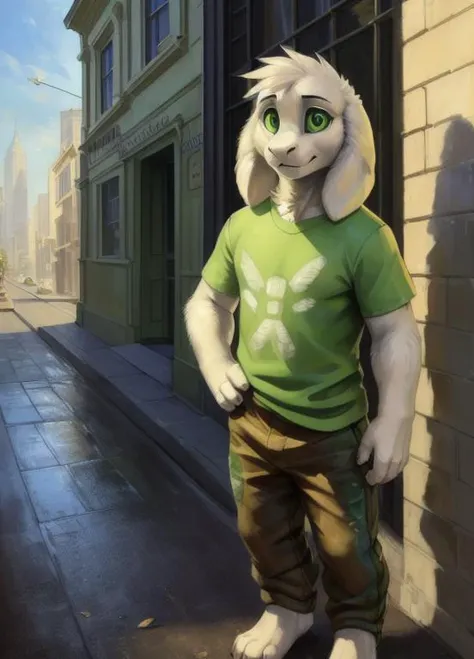 1boy,(( <lora:asriel-30:0.3>, <lora:asriel-20:0.2>, <lora:storyshiftAsriel_10:0.2>)), (by ruaidri, Michael & Inessa Garmash, Ruan Jia, Pino Daeni), impasto impressionism, detailed face, (fluffy), green t-shirt in yellow stripes, pants, solo, kid, child, (green t-shirt, brown pants), (best quality, ultra-detailed, best illustration, masterpiece, high res, professional artwork, famous artwork), realistic paint, (insane detailed eyes, green shine eyes), white fur, detailed realistic painting, male, (detailed white fur), asriel, portrait, detailed hands, shaded, four fingers, insane details, looking forward, cartoon, cute, ((full height)), city, street, driving a car
