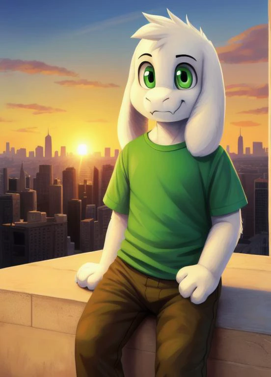 1boy,(( <lora:asriel-30:0.3>, <lora:asriel-20:0.2>, <lora:storyshiftAsriel_10:0.2>)), green t-shirt, pants, solo, , sit, sunrise, city, (green t-shirt, brown pants), (best quality, ultra-detailed, best illustration, masterpiece, high res, professional artwork, famous artwork), realistic paint, (insane detailed eyes, green shine eyes), white fur, detailed realistic painting, male, detailed white fur, asriel, portrait, detailed hands, shaded, four fingers, insane details, looking forward, cartoon, cute