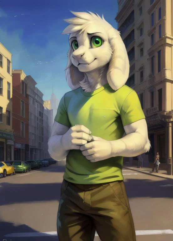 1boy,(( <lora:asriel-30:0.3>, <lora:asriel-20:0.2>, <lora:storyshiftAsriel_10:0.2>)), (by ruaidri, Michael & Inessa Garmash, Ruan Jia, Pino Daeni), impasto impressionism, detailed face, (fluffy), green t-shirt in yellow stripes, pants, solo, , (green t-shirt, brown pants), (best quality, ultra-detailed, best illustration, masterpiece, high res, professional artwork, famous artwork), realistic paint, (insane detailed eyes, green shine eyes), white fur, detailed realistic painting, male, (detailed white fur), asriel, portrait, detailed hands, shaded, four fingers, insane details, looking forward, cartoon, cute, ((full height)), city, street, driving a car