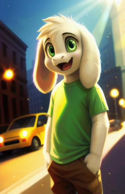 1boy,(( <lora:asriel-30:0.3>, <lora:asriel-20:0.2>, <lora:storyshiftAsriel_10:0.2>)), (fluffy), solo, , (green t-shirt in yellow stripes, brown pants), (best quality, ultra-detailed, best illustration, masterpiece, high res, professional artwork, famous artwork), realistic paint, (insane detailed eyes, green shine eyes), white fur, detailed realistic painting, male, (detailed white fur), asriel, portrait, detailed hands, shaded, four fingers, insane details, looking forward, cartoon, cute, ((full height)), city, street, driving a car, open mouth, happy, closeup portrait of a strikingly beautiful medieval princess in a medieval street, (((backlighting))), realistic, masterpiece, highest quality, puddle, lens flare, shade, ((bloom)), (chromatic aberration), digital painting, shallow depth of field, Giorgio Cavallon
