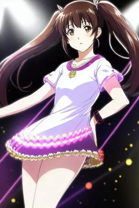 ((best quality)), ((masterpiece)), ((realistic)), (anime), 1woman, twin tails, brown eyes, glowing eyes, idol dress, photorealistic,  soft lips, head tilted, stage, spotlights, glow sticks,