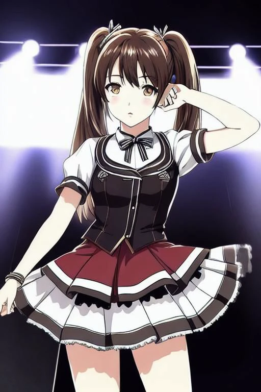 ((best quality)), ((masterpiece)), ((realistic)), (anime), 1woman, twin tails, brown eyes, glowing eyes, idol dress, photorealistic, soft lips, head tilted, stage, spotlights, glow sticks,