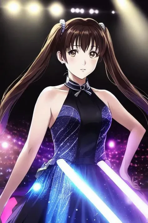 ((best quality)), ((masterpiece)), ((realistic)), (anime), 1woman, twin tails, brown eyes, glowing eyes, idol dress, photorealistic,  soft lips, head tilted, stage, spotlights, glow sticks,
