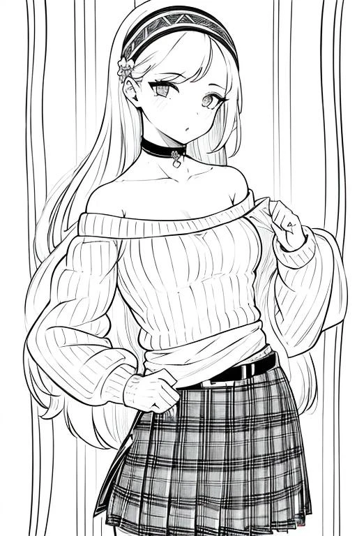 ((1girl)),lineart, monochrome,((masterpiece)), ((best quality)),((8K wallpaper)),((highly detailed)),sweater, ribbed sweater, hairband, plaid, plaid skirt, choker , aran sweater, off-shoulder sweater, long hair, belt, hair ornament, skirt, heart,hairband, off shoulder, choker, collarbone