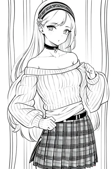 ((1girl)),lineart, monochrome,((masterpiece)), ((best quality)),((8K wallpaper)),((highly detailed)),sweater, ribbed sweater, hairband, plaid, plaid skirt, choker , aran sweater, off-shoulder sweater, long hair, belt, hair ornament, skirt, heart,hairband, off shoulder, choker, collarbone