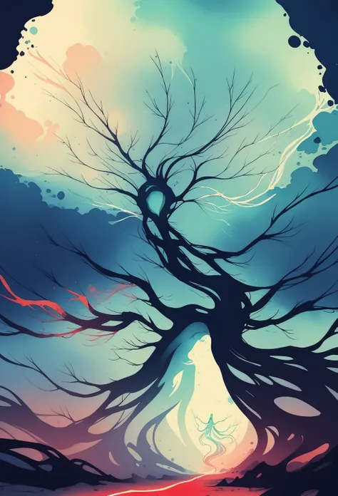 score_8_up, [abstract,:0.2] female, galaxy, deity,  watercolor \(artwork\), dark blue road, very long hair, giant dark blue tree, branch, glowing tree, restricted palette