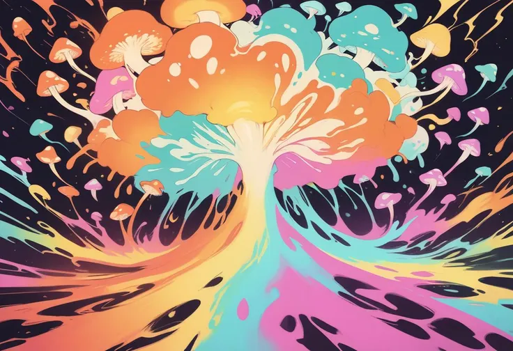 colorful abstract nuclear explosion, mushroom cloud,