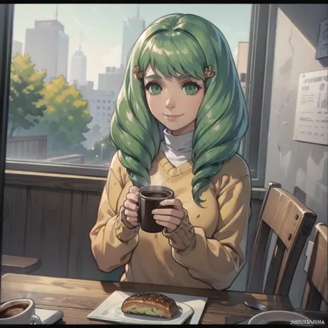 1girl, flayn, <lora:flayn-nvwls-v1-final:0.8>, closeup, shy . smile ,cafe , coffee, knit sweater, messy bun