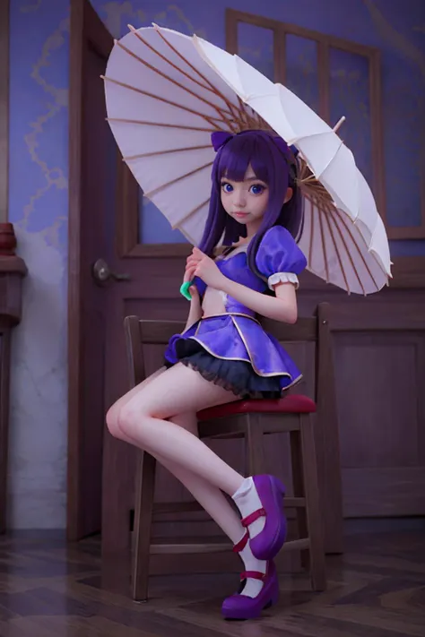 1girl, solo, long hair, looking at viewer, bangs, skirt, blue hair, hair ornament, holding, short sleeves,Purple skirt, umbrella, holding umbrella.( Purple theme:1.4), <lora:Sexy_Qipao:0.8>