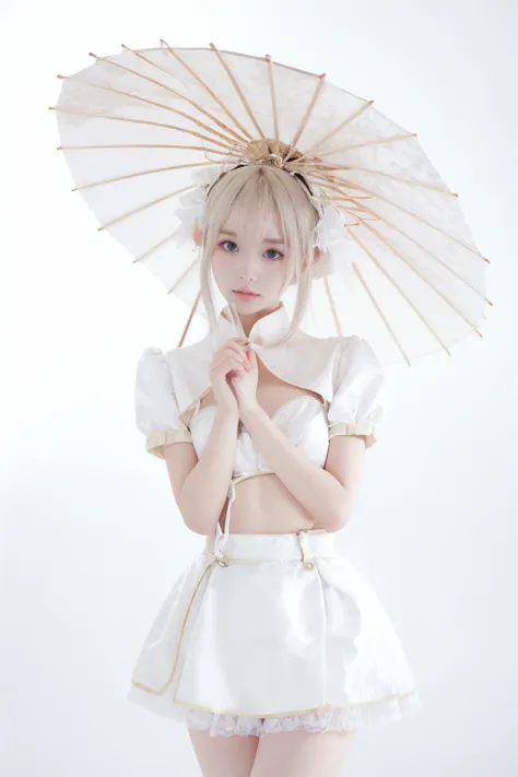 1girl, solo, long hair, looking at viewer, bangs, skirt, white hair, hair ornament, holding, short sleeves, Purple skirt, umbrella, holding umbrella
, <lora:Sexy_Qipao:0.8>