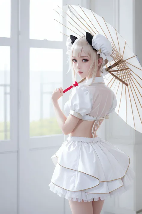 there is a woman in a white dress with a spider - man costume on, white skirt and barechest, cosplay of a catboy! maid! dress, wearing white skirt, dressed as schoolgirl, small curvy , cute schoolgirl, wearing skirt, touching her clothes, belly button showing, anime girl in a maid costume, japanese girl school uniform
