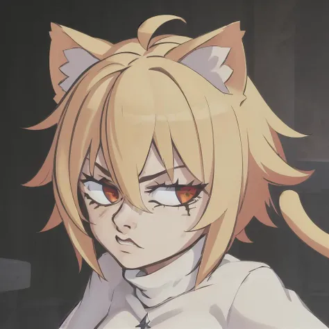 masterpiece, highres, best quality, ultra-detailed, perfect lighting, <lora:Irefuse:1>, Irefuse, close-up, <lora:Neco-Arc:0.8>, neco-arc, 1girl, cat ears, cat girl, cat tail, solo, ((yellow hair)), ((red eyes)), ((white turtleneck))