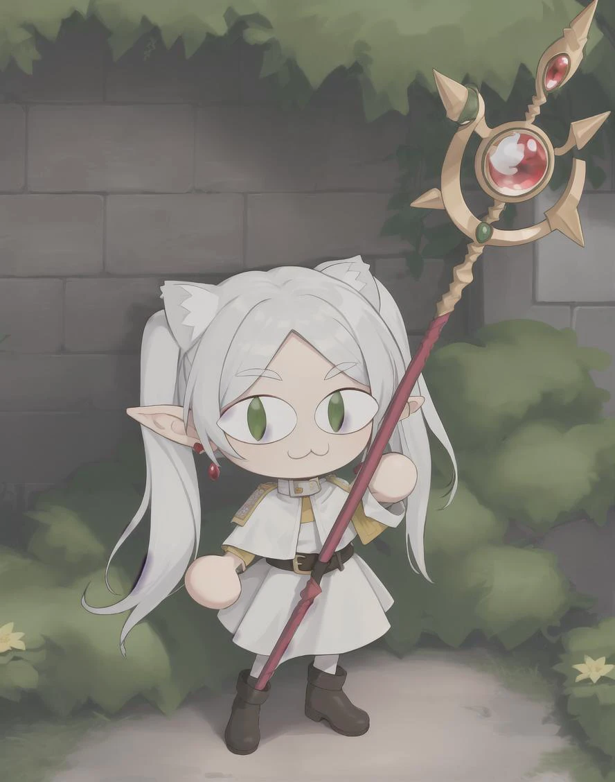 necoarc, frieren, full body, 1girl, :3, full body, chibi, cat girl, solo, long hair, pointy ears, twintails, jewelry, elf, earrings, capelet, white capelet, long sleeves, parted bangs, dress, staff, holding staff, belt, flower (outdoors, garden) , 2d, cartoon
<lora:Neco-Arc:1><lora:frieren:0.6>
