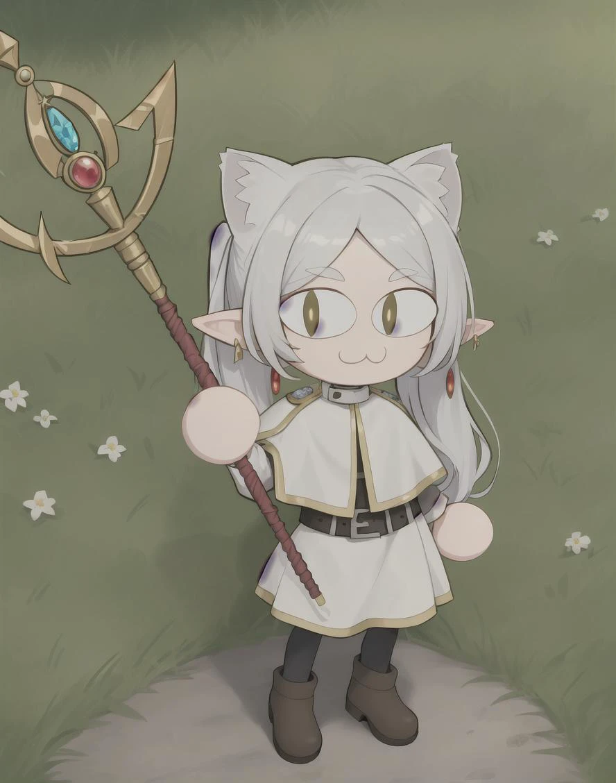 necoarc, frieren, full body, 1girl, :3, full body, chibi, cat girl, solo, long hair, pointy ears, twintails, jewelry, elf, earrings, capelet, white capelet, long sleeves, parted bangs, dress, staff, holding staff, belt, flower (outdoors, garden) , 2d, cartoon
<lora:Neco-Arc:1><lora:frieren:0.6>
