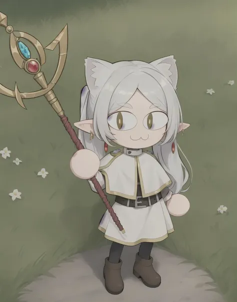necoarc, frieren, full body, 1girl, :3, full body, chibi, cat girl, solo, long hair, pointy ears, twintails, jewelry, elf, earrings, capelet, white capelet, long sleeves, parted bangs, dress, staff, holding staff, belt, flower (outdoors, garden) , 2d, cartoon
<lora:Neco-Arc:1><lora:frieren:0.6>