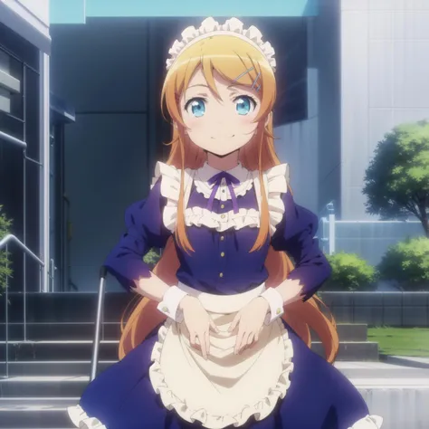 1girl,solo,smile,outdoor,maid,looking at viewer,
 <lora:kirino:0.8:0.85:lbw=1,0,0,1,1,1,1,1,1,1,0,0,0,1,0,0,0,1,1,1,1,1,1,1,1,1>,aakirino,long_hair,orange_hair,hair_ornament,hairclip,aqua_eyes,blue_eyes,blonde_hair,brown_hair,