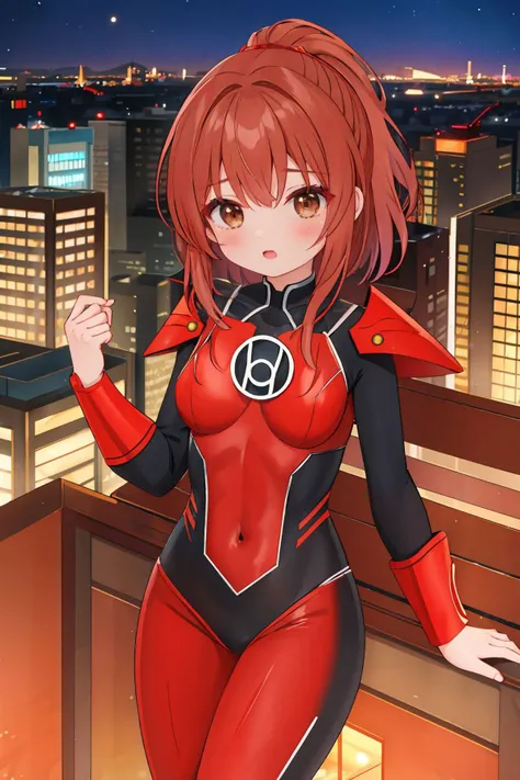 masterpiece, best quality, 1girl, Balayage hair, brown eyes, red lantern costume, cityscape background <lora:Red Lantern Costume_v1:1>