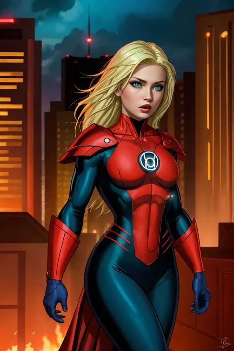 masterpiece, best quality, 1girl, Platinum blonde hair, teal eyes, red lantern costume, cityscape background <lora:Red Lantern Costume_v1:1>