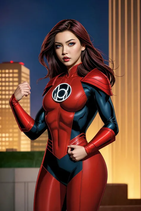masterpiece, best quality, 1girl, Burgundy hair, jade eyes, red lantern costume, cityscape background <lora:Red Lantern Costume_v1:1>