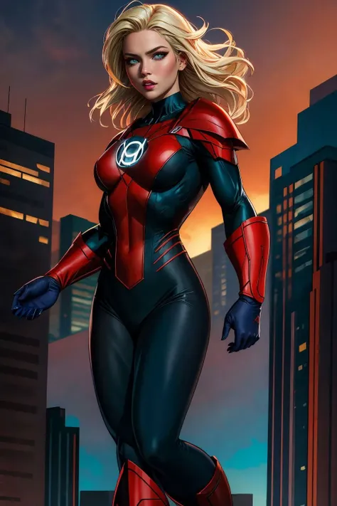 masterpiece, best quality, 1girl, Honey blonde hair, Sapphire eyes, red lantern costume, cityscape background <lora:Red Lantern Costume_v1:1>